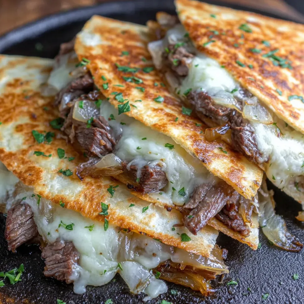 A stack of beef and onion quesadillas.