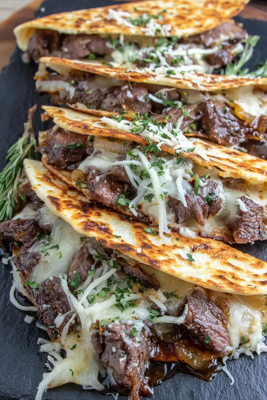 A stack of beef tacos with cheese and onions.
