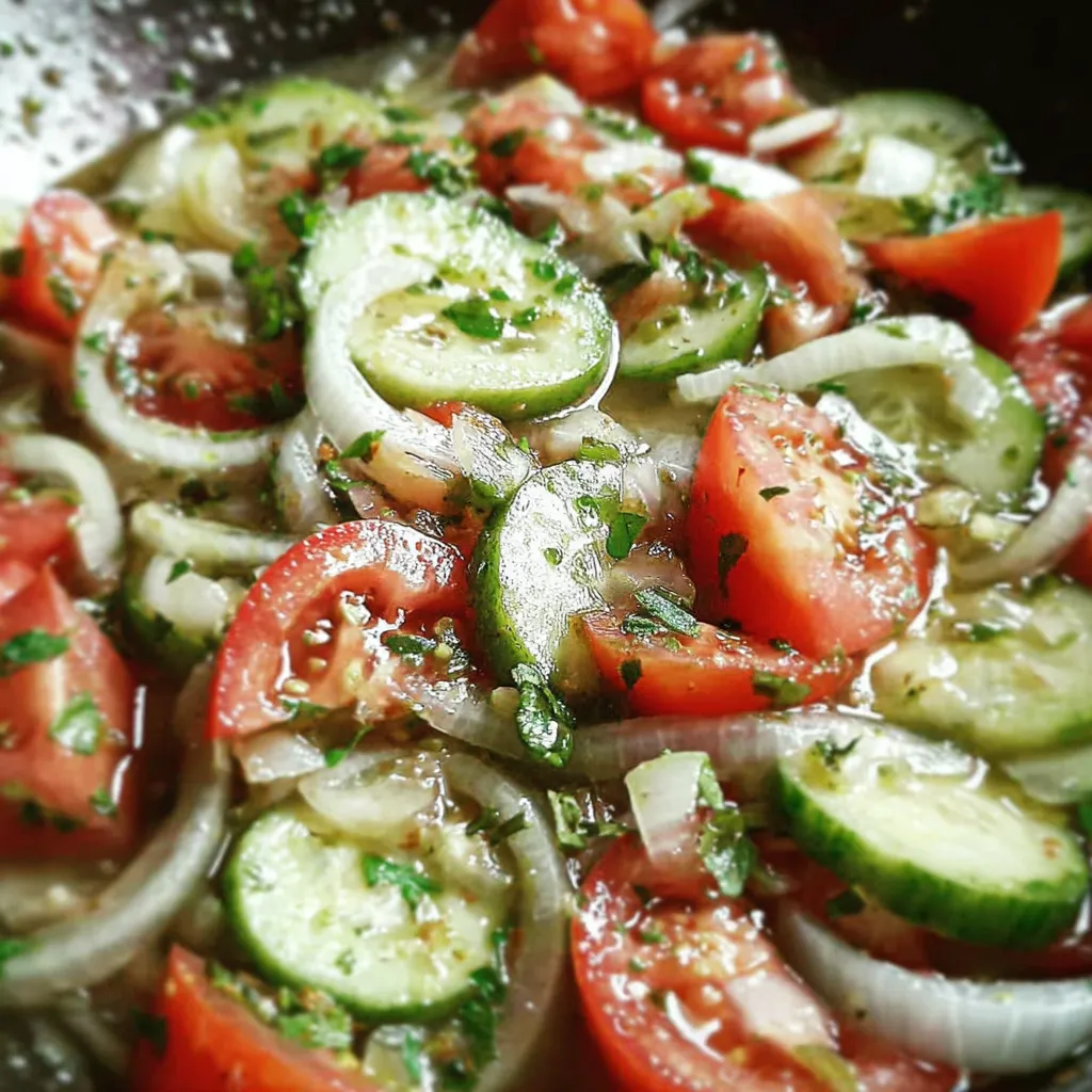 A bowl of vegetables including tomatoes, onions, and cucumbers.