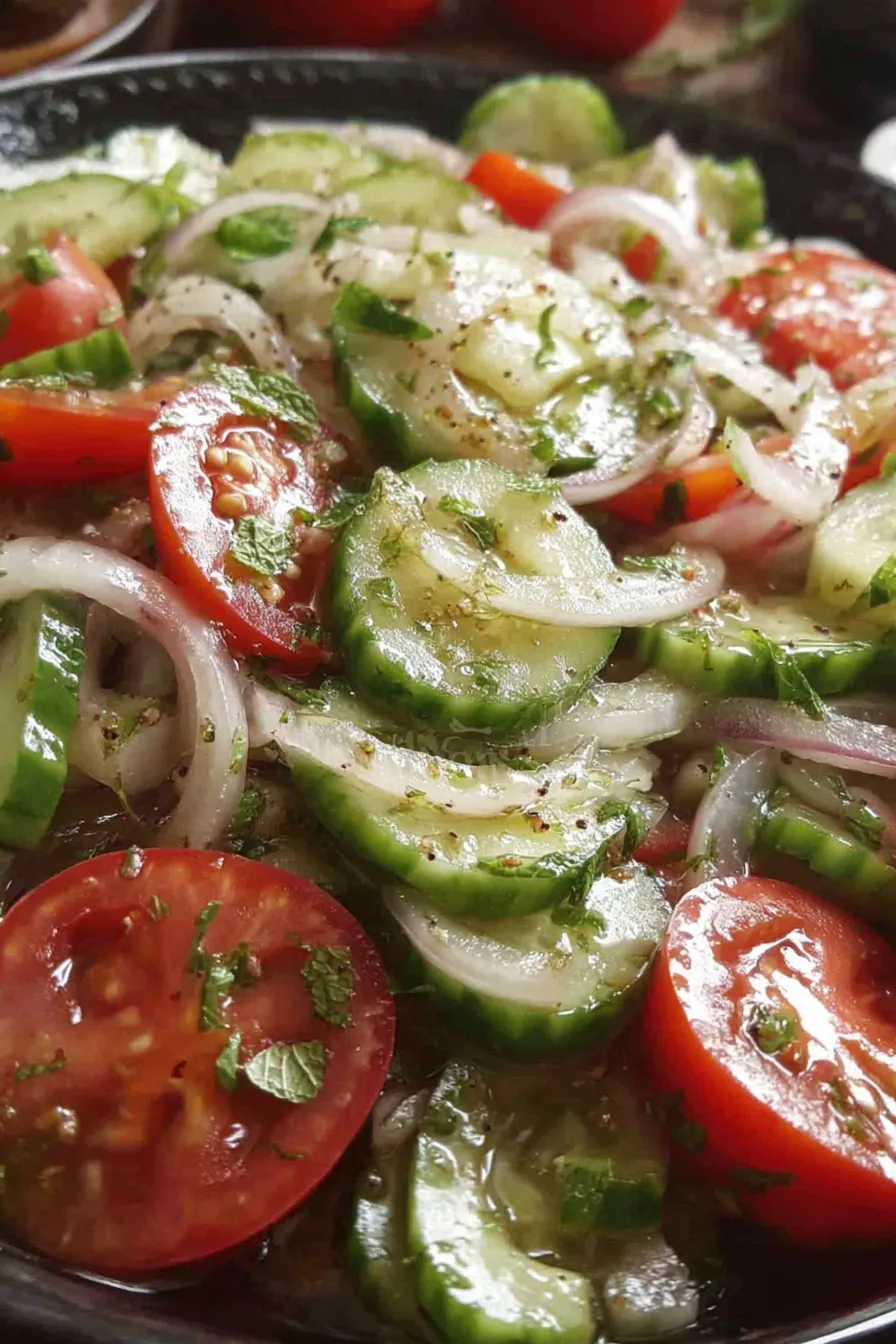 A close up of a salad with tomatoes, cucumbers, onions, and herbs.