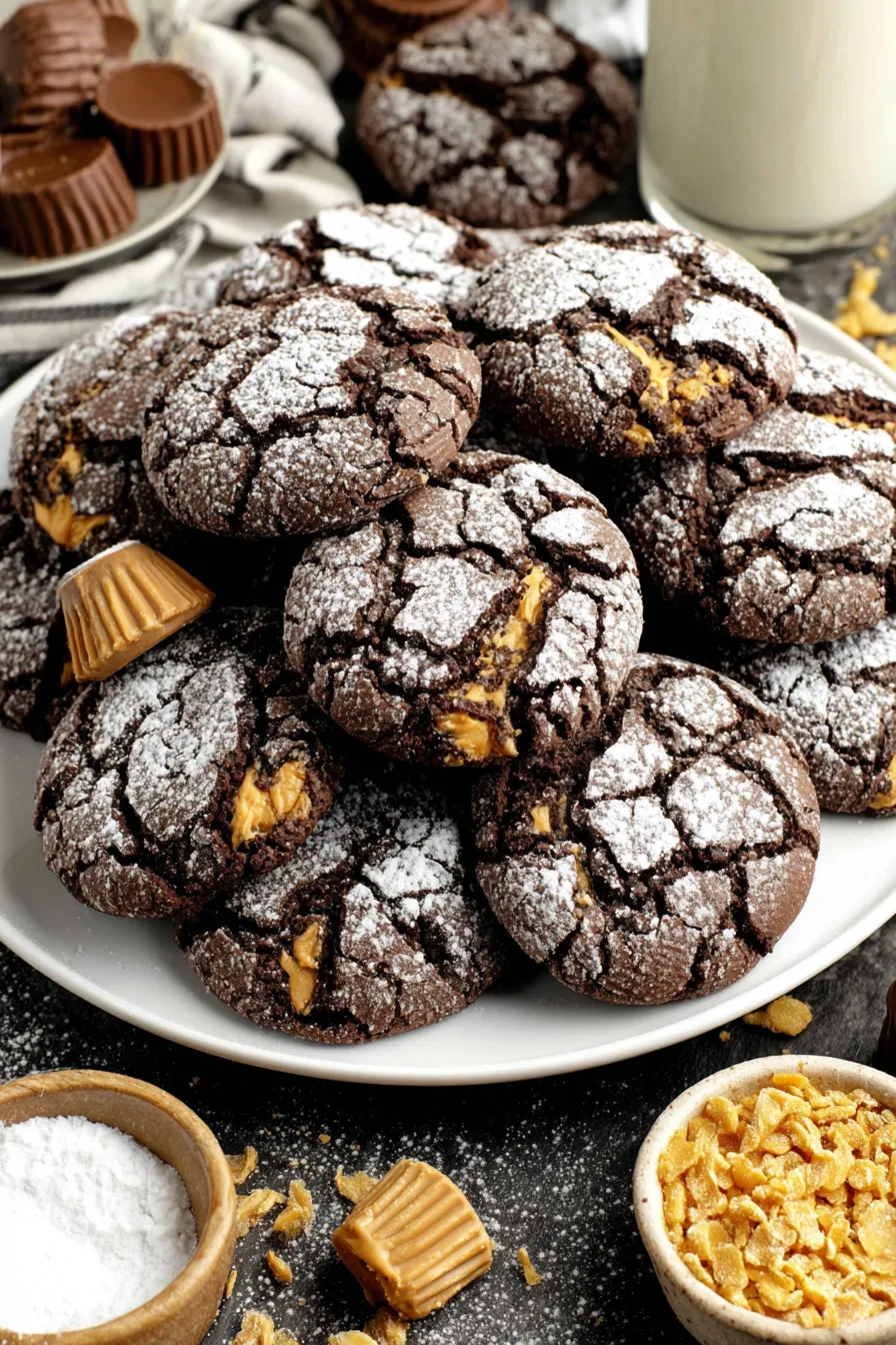 A plate of chocolate cookies with white powder on top.