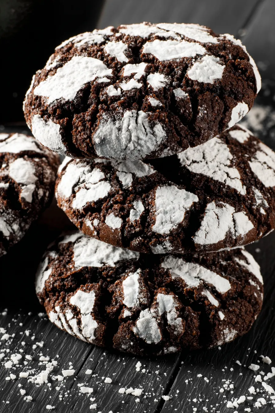 Chocolate cookies with white powder on top.