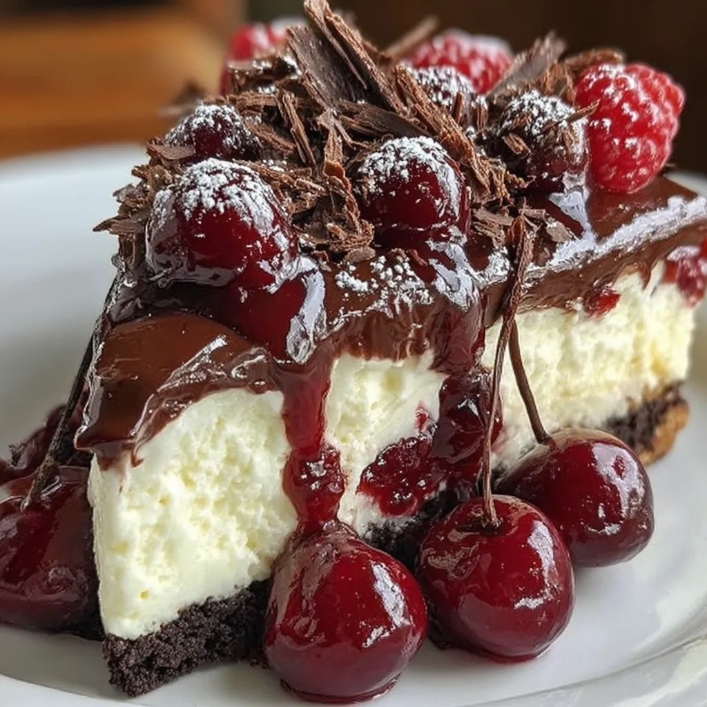 A slice of chocolate cake with chocolate drizzle and cherries.