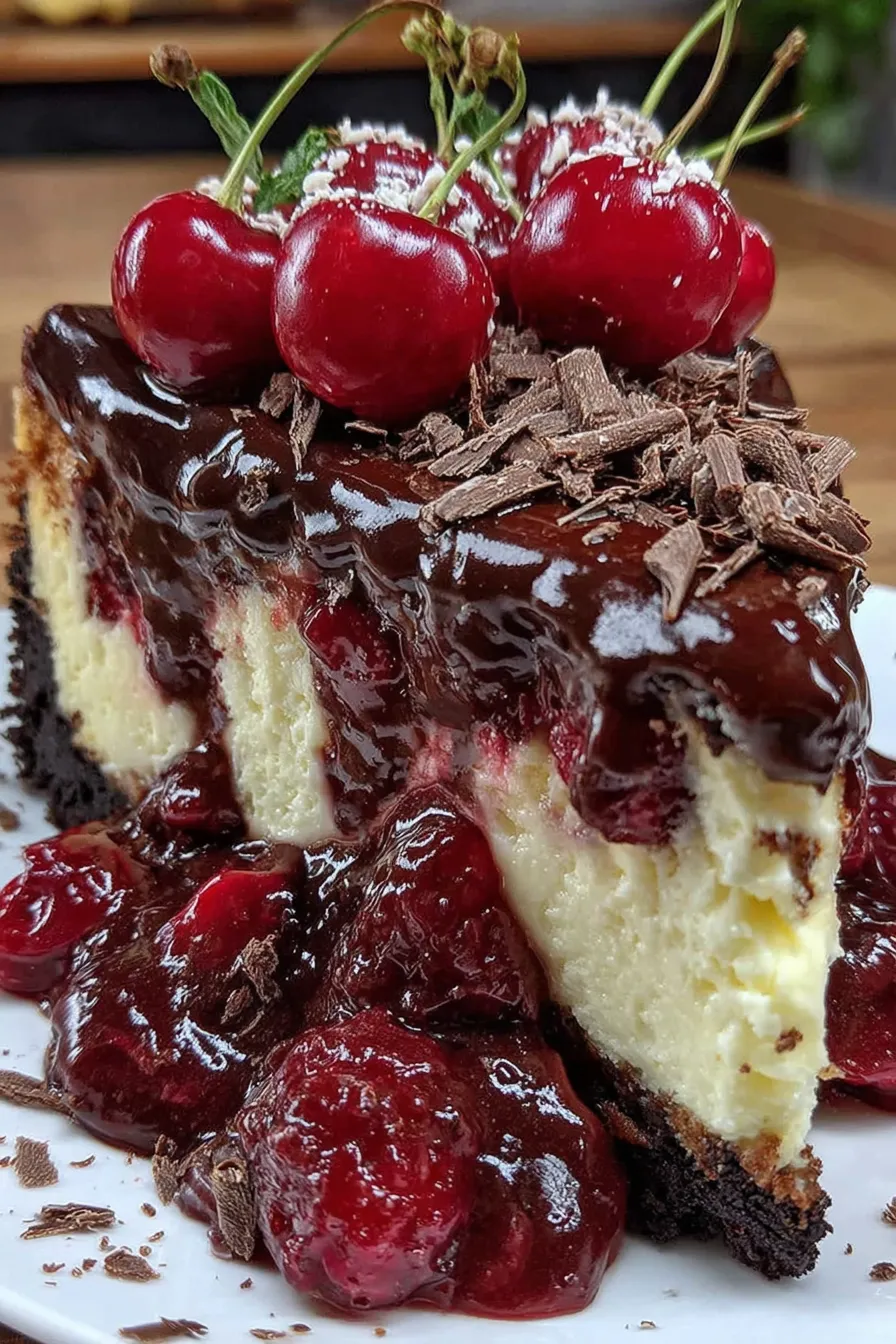 A slice of cake with chocolate and cherries.