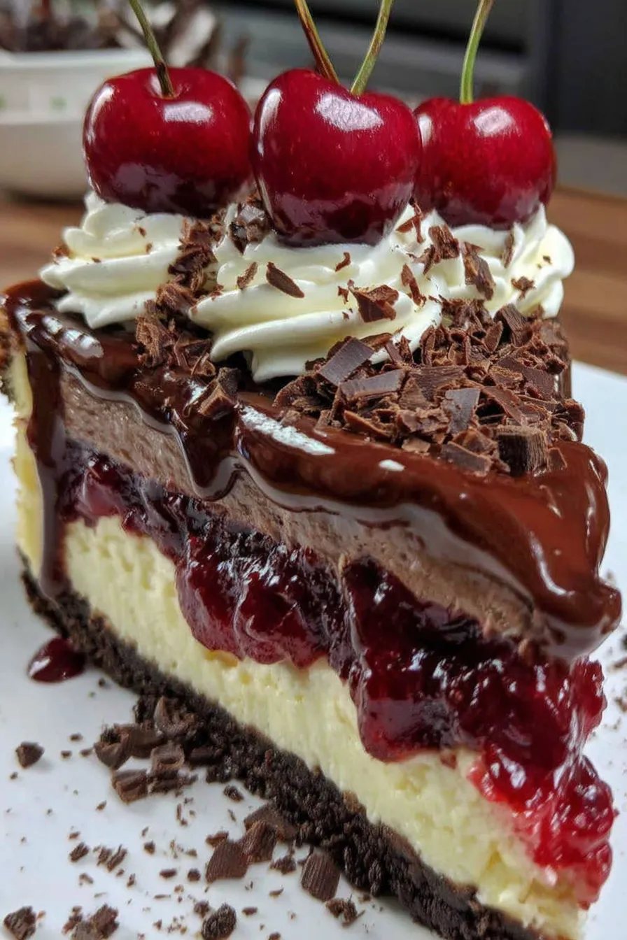A slice of cheesecake with chocolate drizzle and cherries on top.