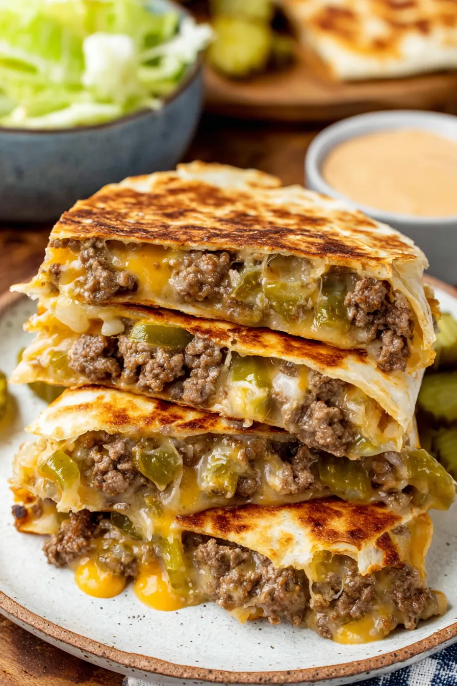 A stack of three tacos with meat and cheese.