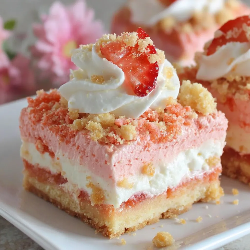 A slice of cake with strawberries and whipped cream.