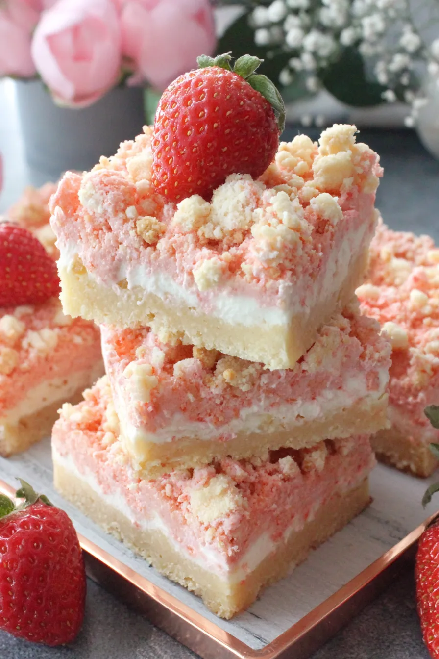 A stack of cake with strawberries on top.