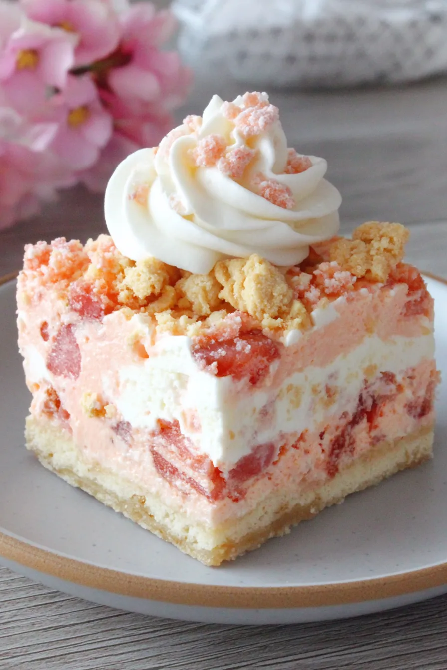 A slice of cake with white frosting and strawberries on top.