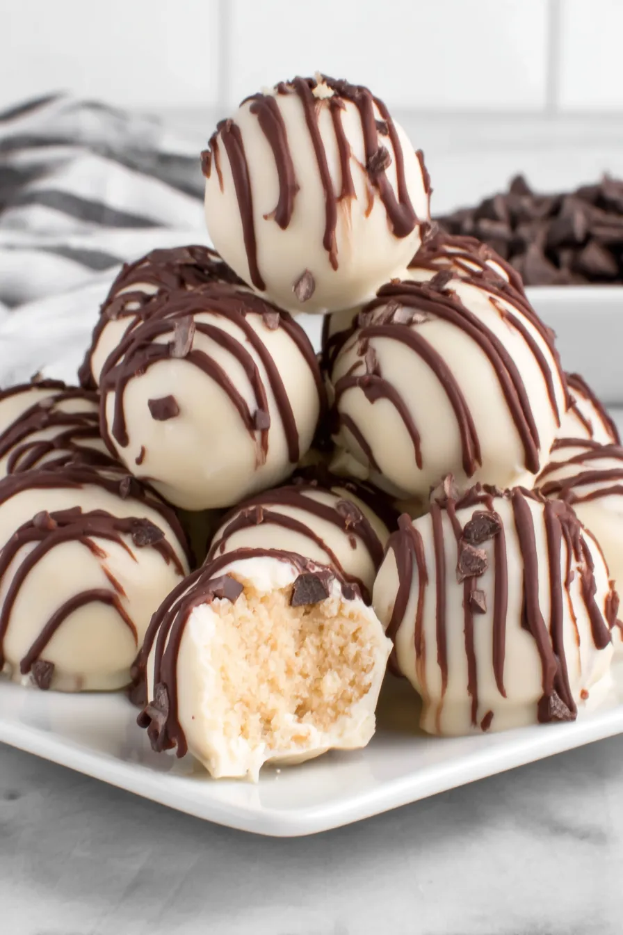 A plate of chocolate and white frosted cake balls.