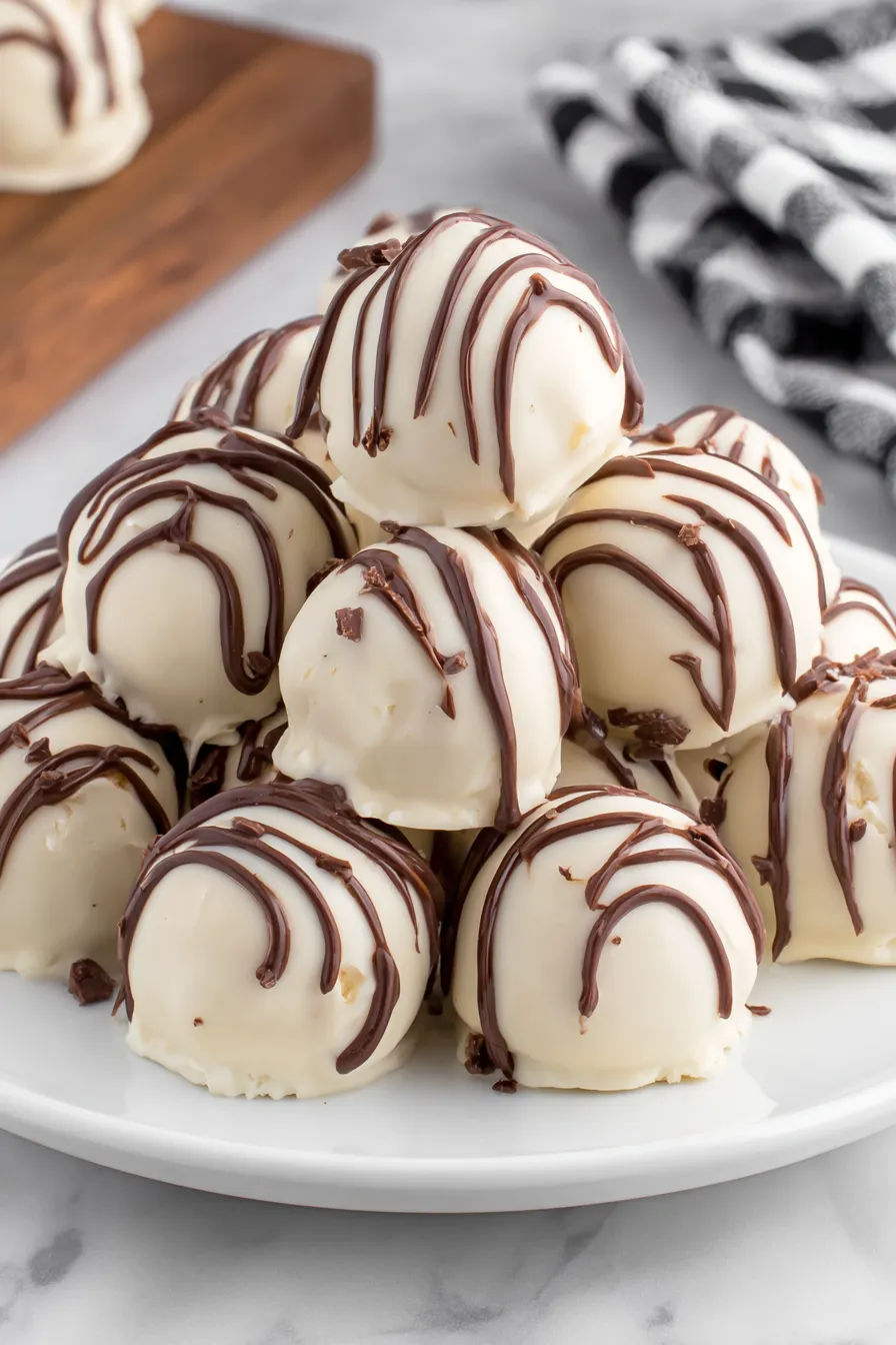 A stack of white and brown chocolate balls.