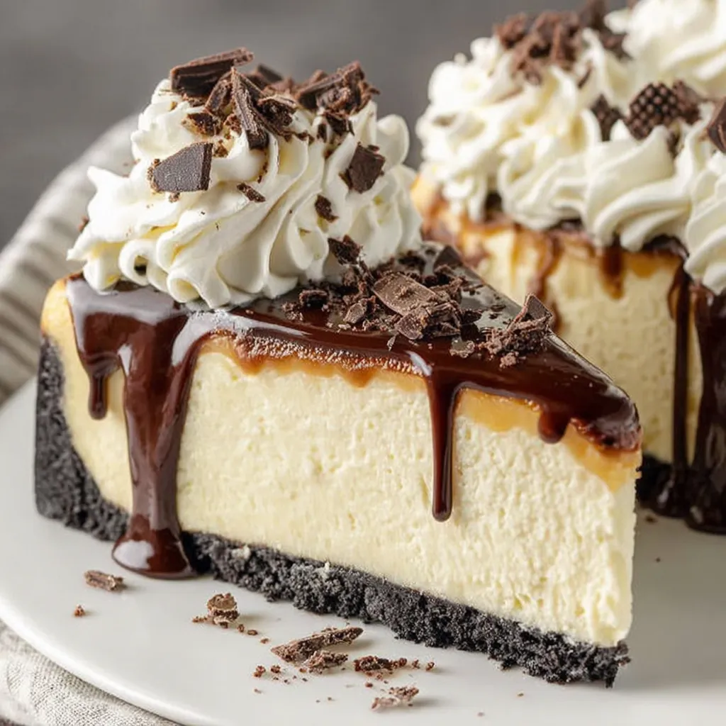 A slice of cheesecake with chocolate drizzle.