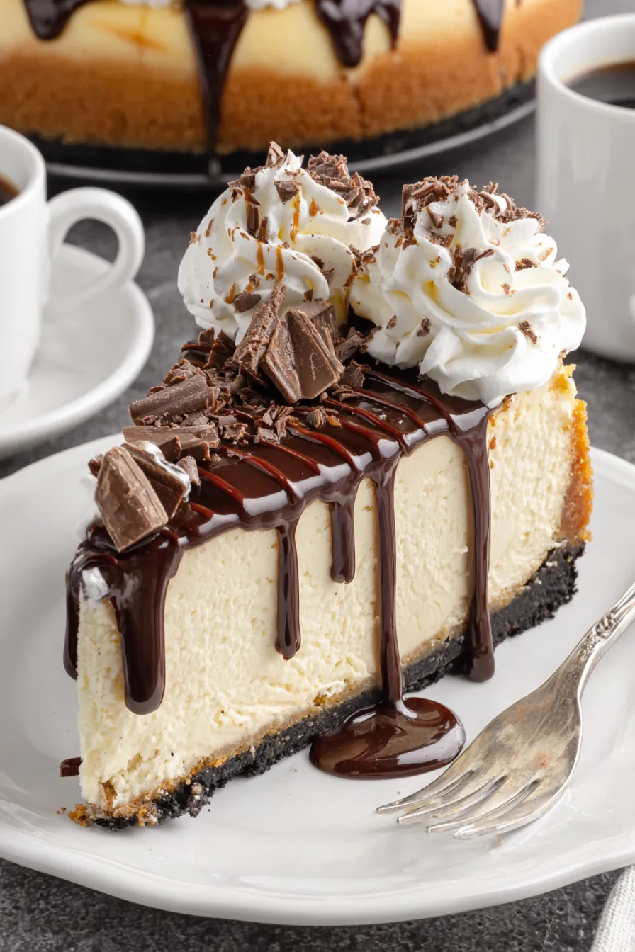 A slice of cheesecake with chocolate drizzled on top.