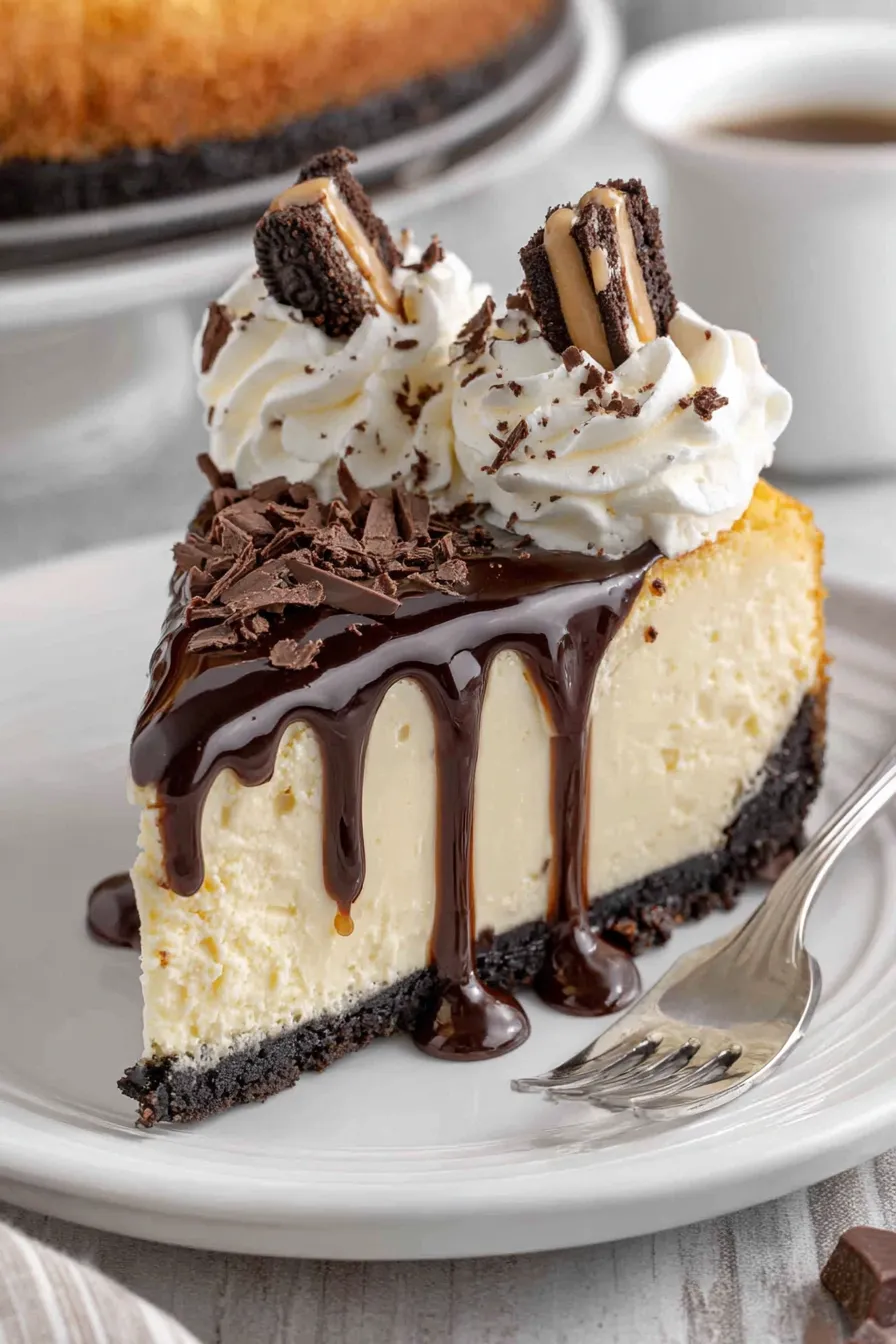 A slice of cheesecake with chocolate drizzle.