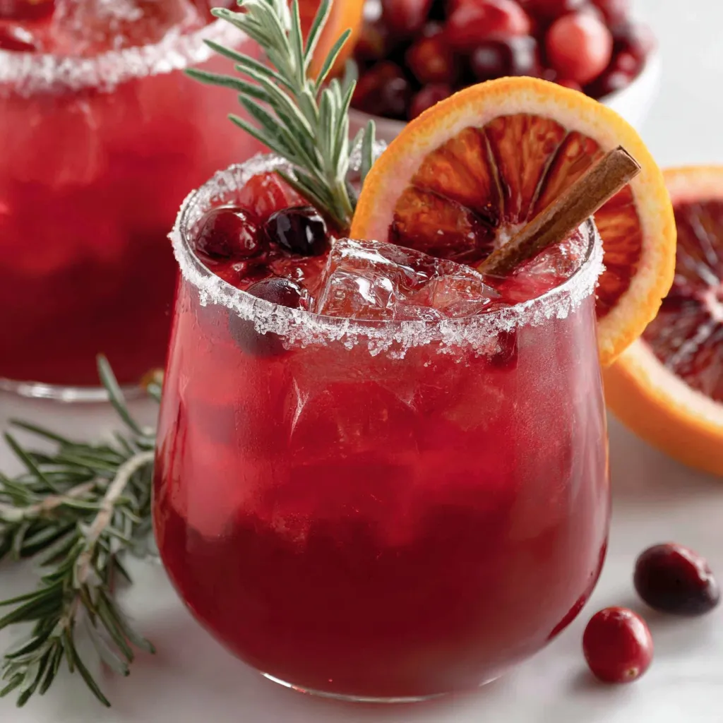 A glass of red wine with a slice of orange and a sprig of rosemary.