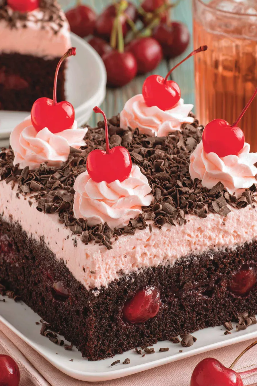 A slice of chocolate cake with cherries on top.
