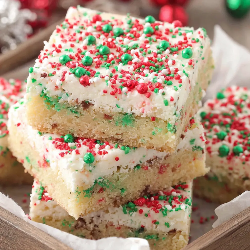 A stack of cake bars with white frosting and red and green sprinkles.