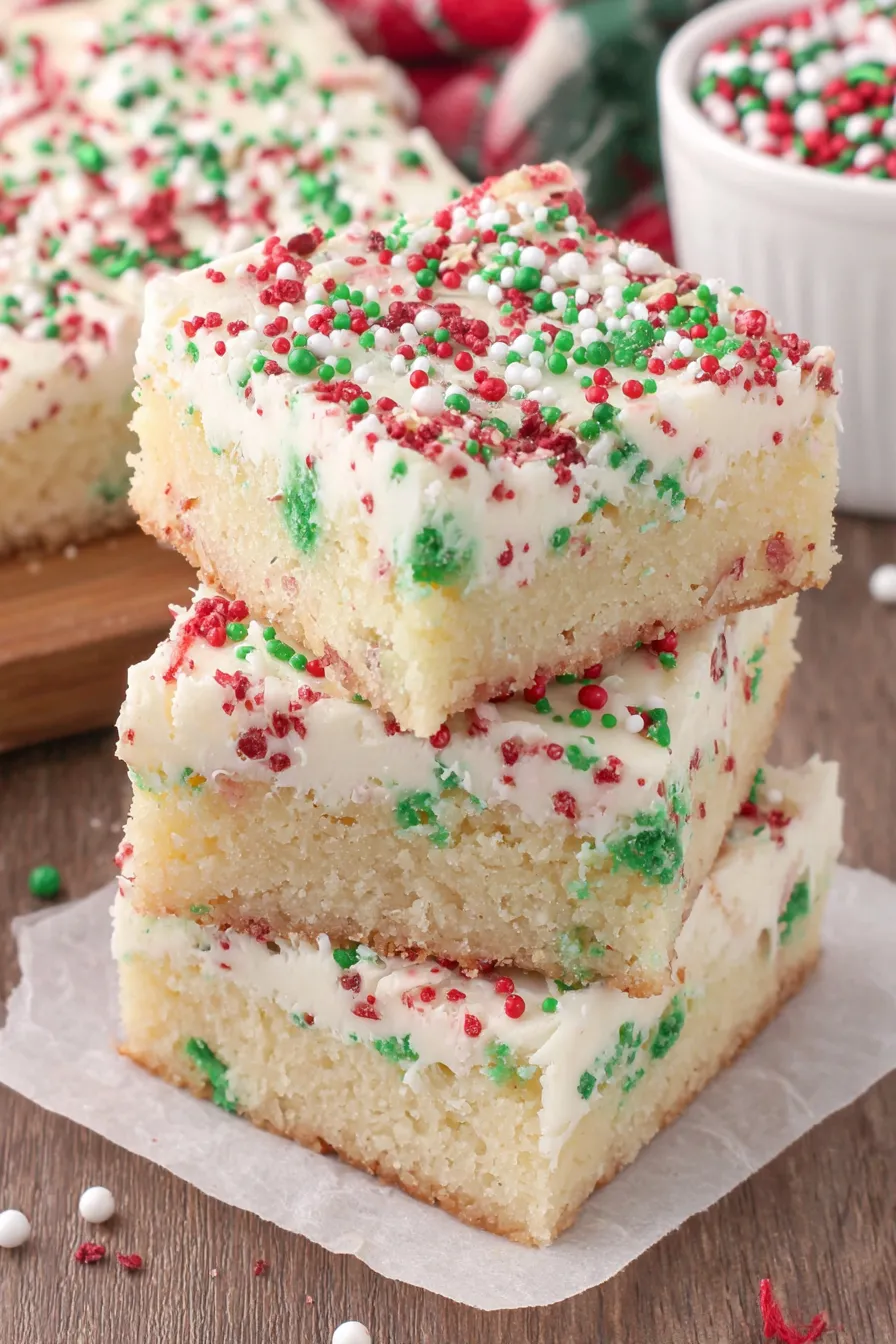A stack of cake with white frosting and red sprinkles.