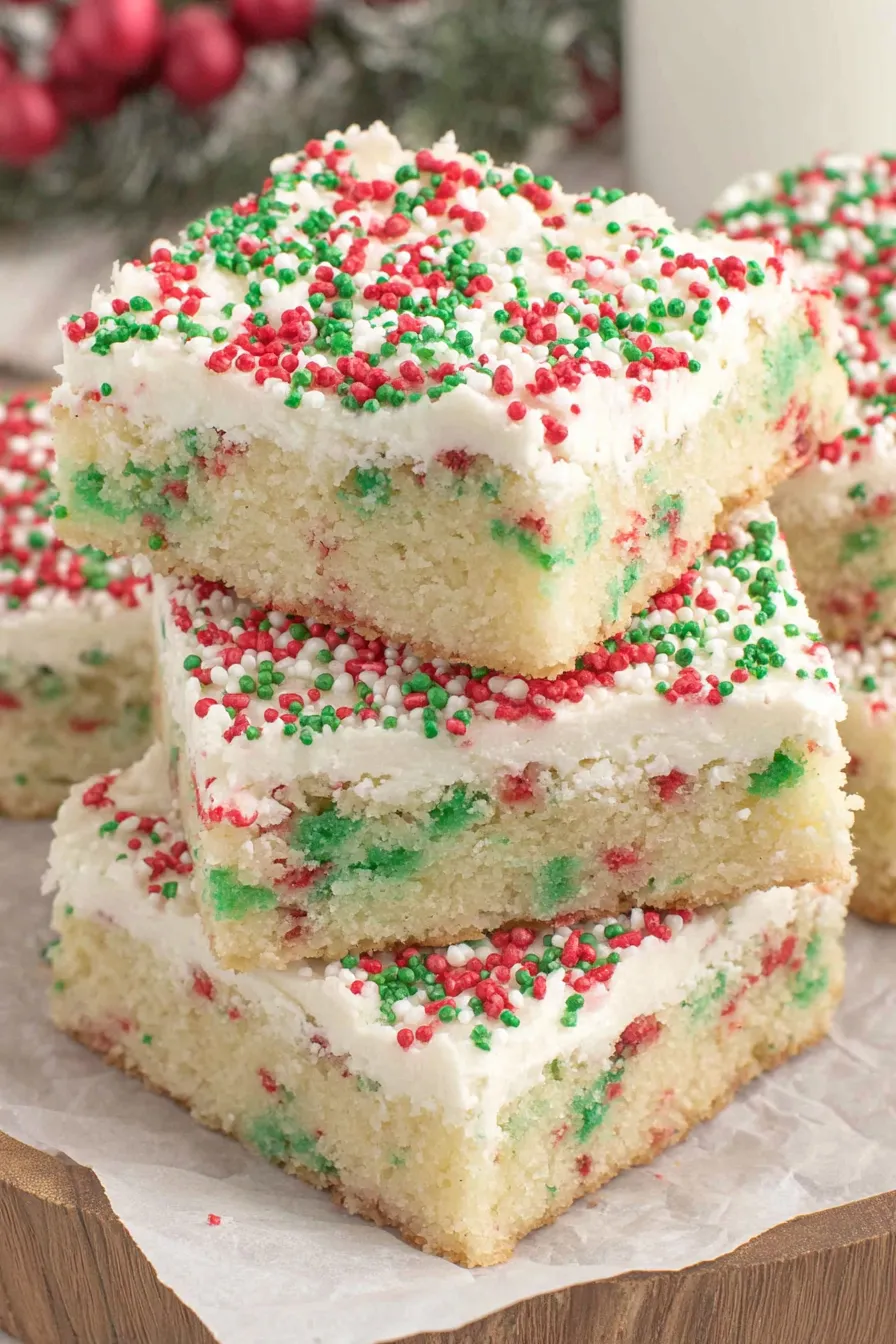 A stack of cake with white frosting and red and green sprinkles.