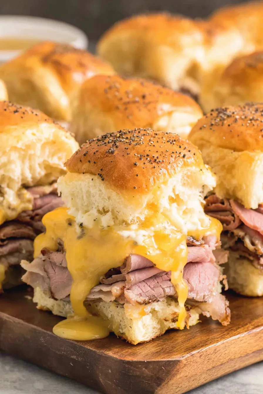 A plate of sandwiches with cheese and meat.