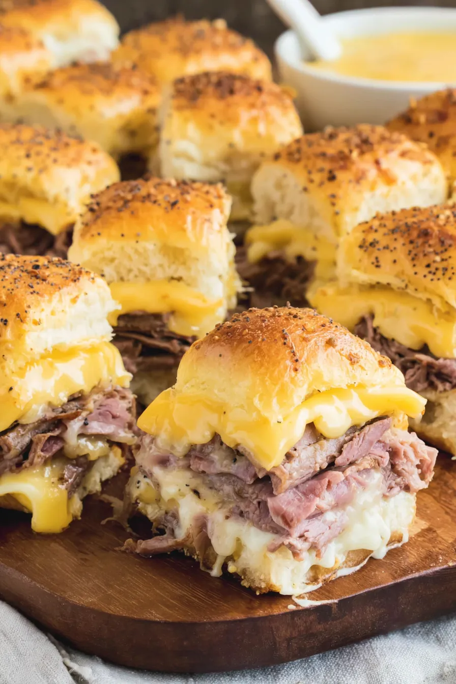 A plate of sandwiches with meat and cheese.