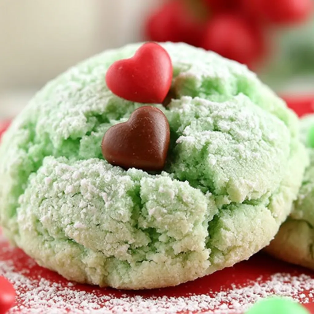 A green and white cookie with a heart shaped chocolate piece on top.