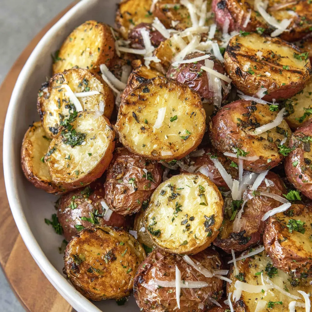 A bowl of potatoes with cheese and herbs.