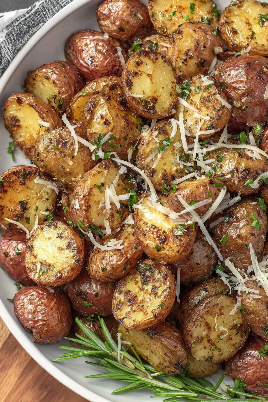 A bowl of potatoes with cheese and herbs.