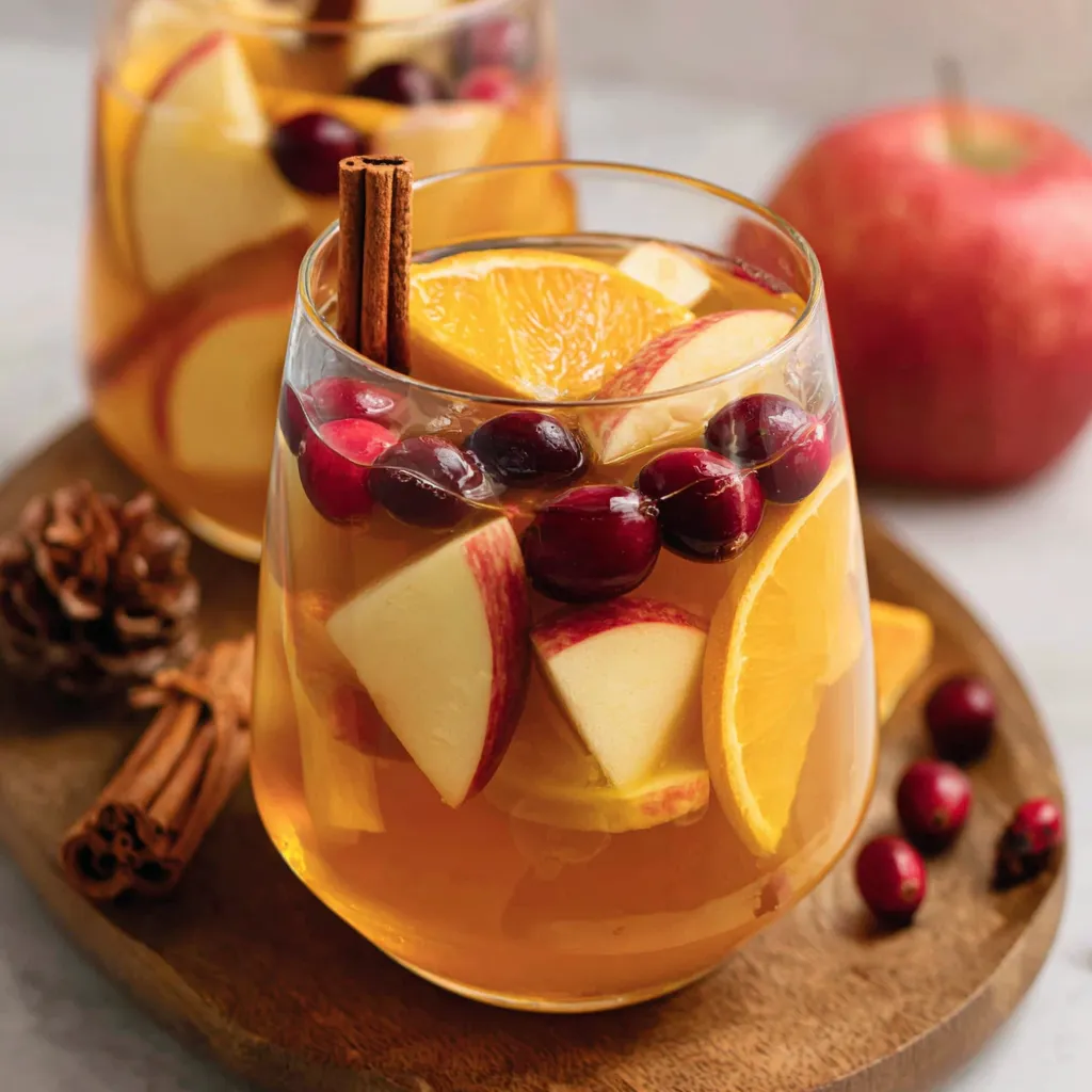 A glass of fruit with a cinnamon stick in it.