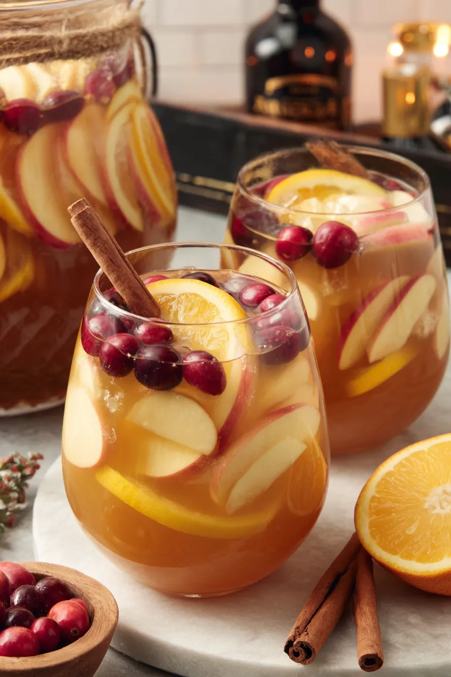 Two glasses of fruit drinks with cinnamon sticks in them.