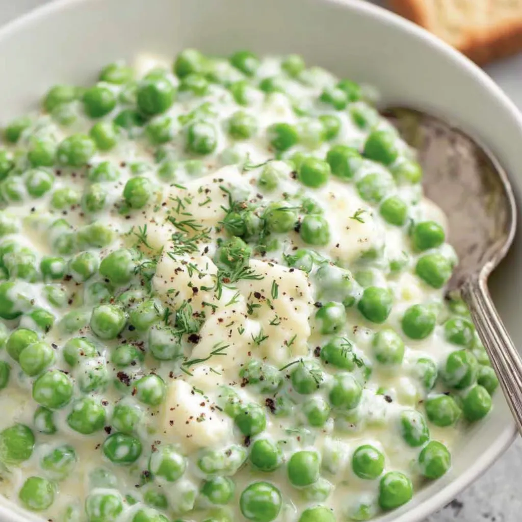 A bowl of soup with peas and potatoes.
