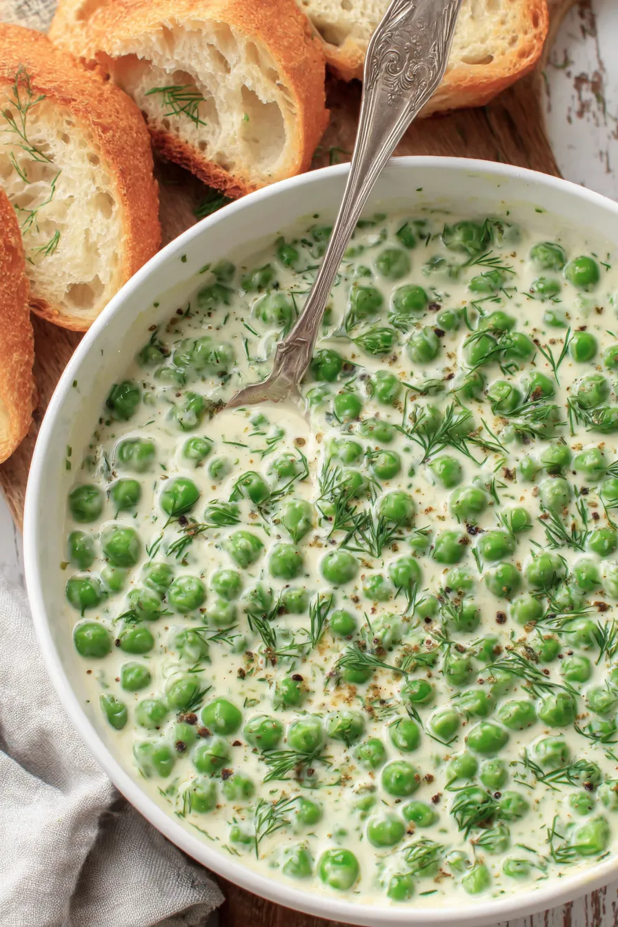 A bowl of soup with green peas and bread.