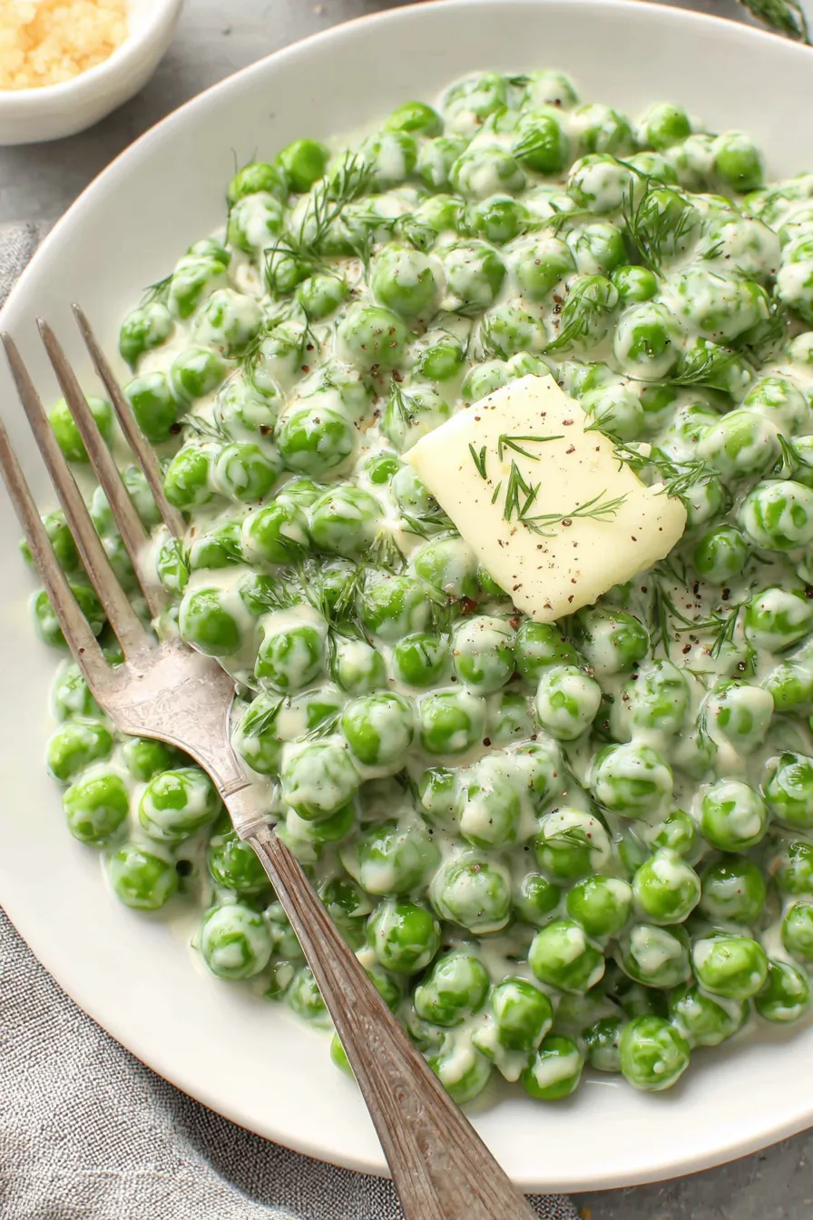 A plate of green peas with a pat of butter on top.