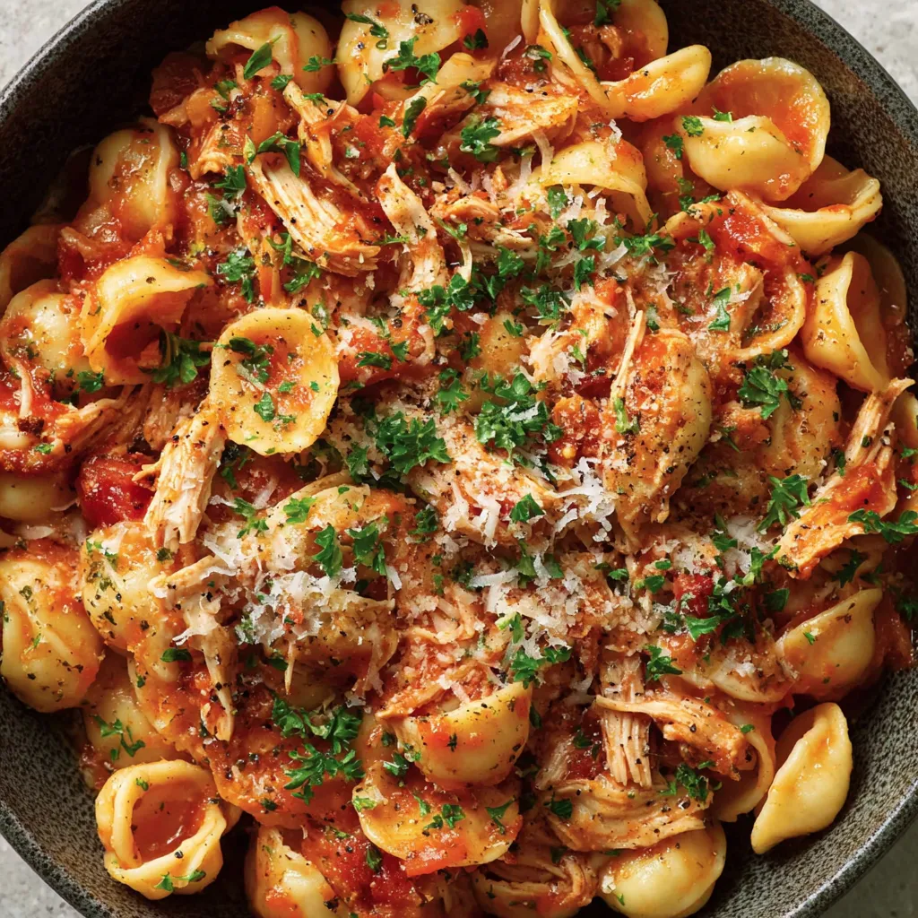 A bowl of pasta with chicken and cheese.