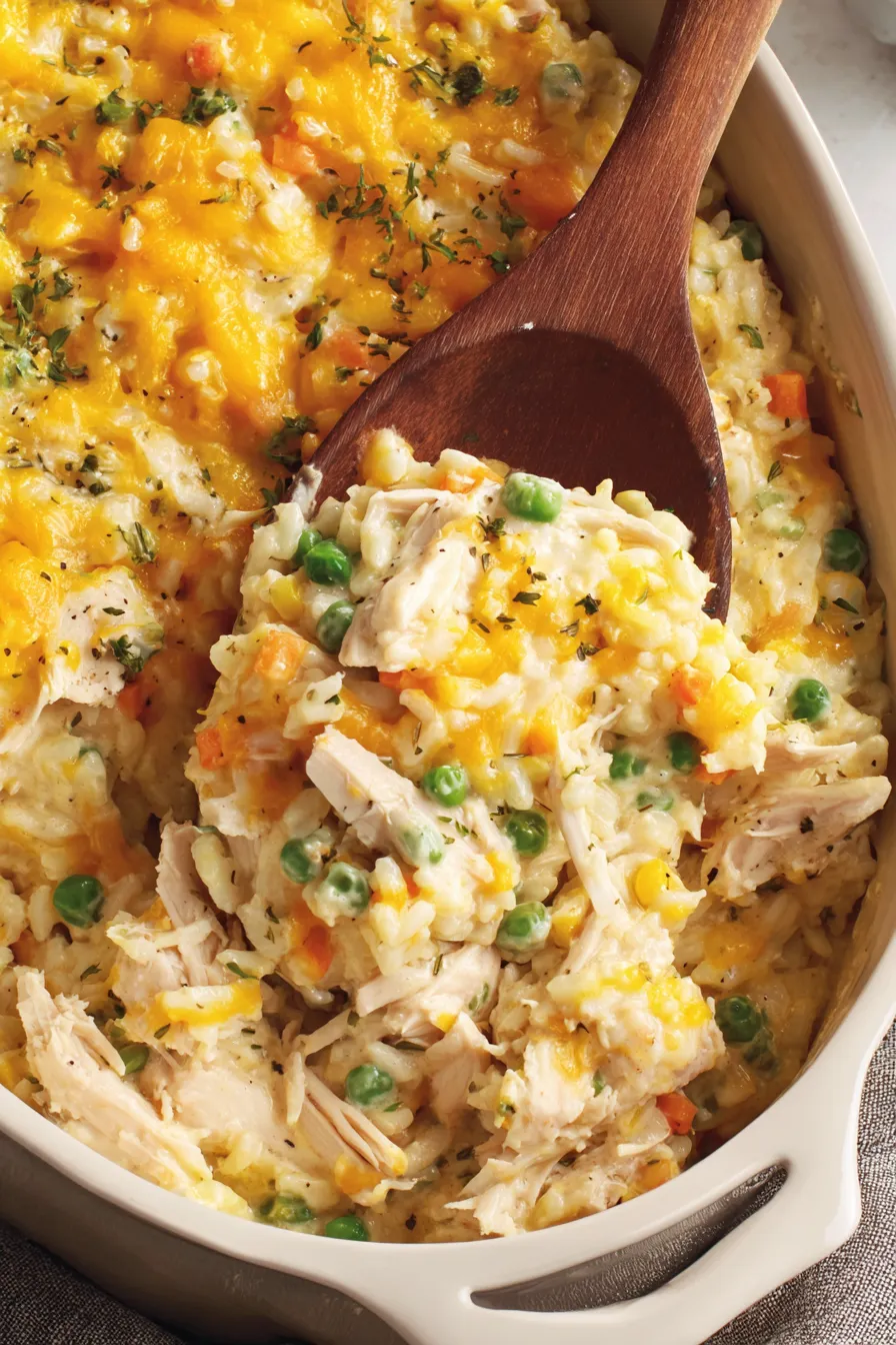 A wooden spoon in a bowl of rice and chicken.