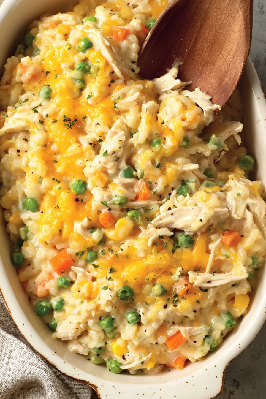 A bowl of chicken and rice with peas.