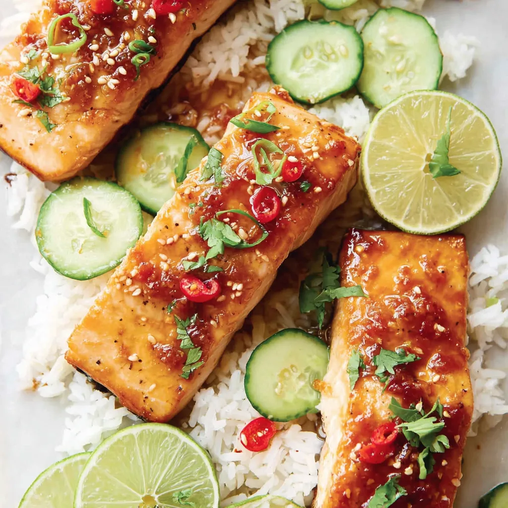 A plate of food with fish, rice, and cucumbers.