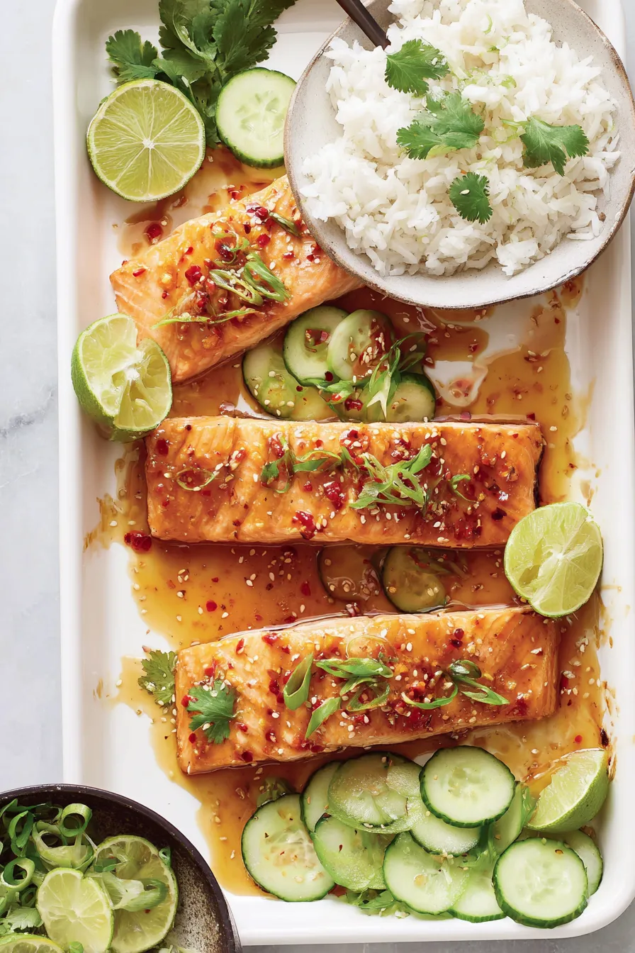 A plate of food with fish, rice, and vegetables.