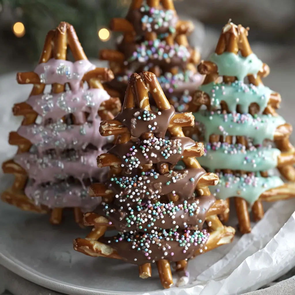 Three chocolate covered pretzel trees on a plate.