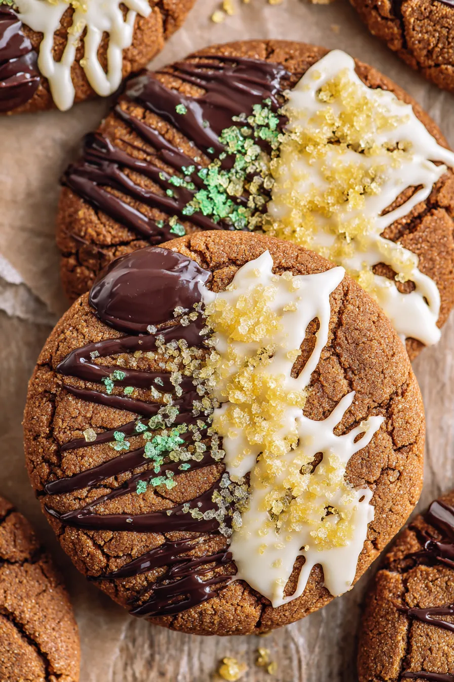 Chocolate and white frosting on a cookie.