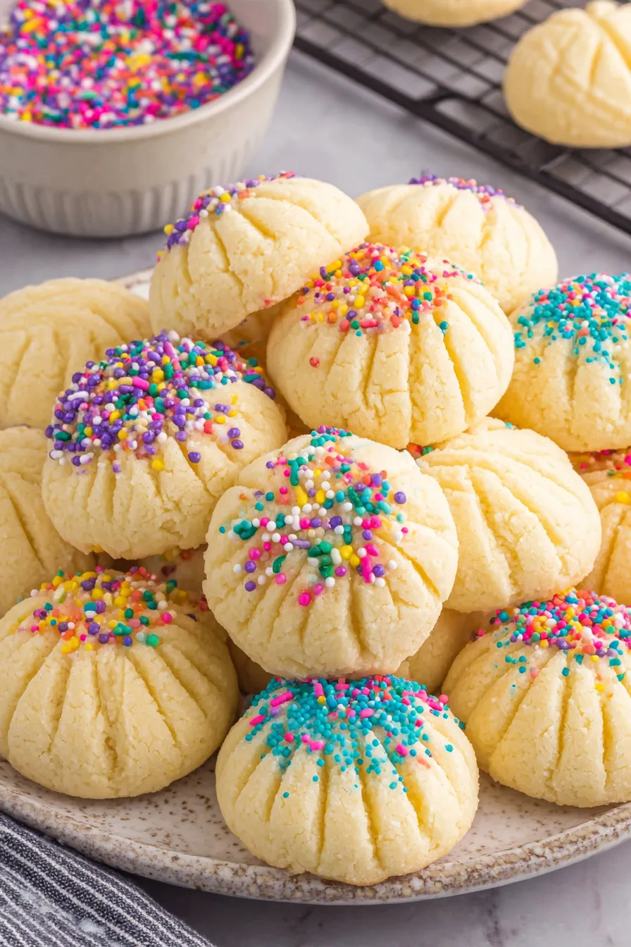 A plate of cookies with sprinkles on top.