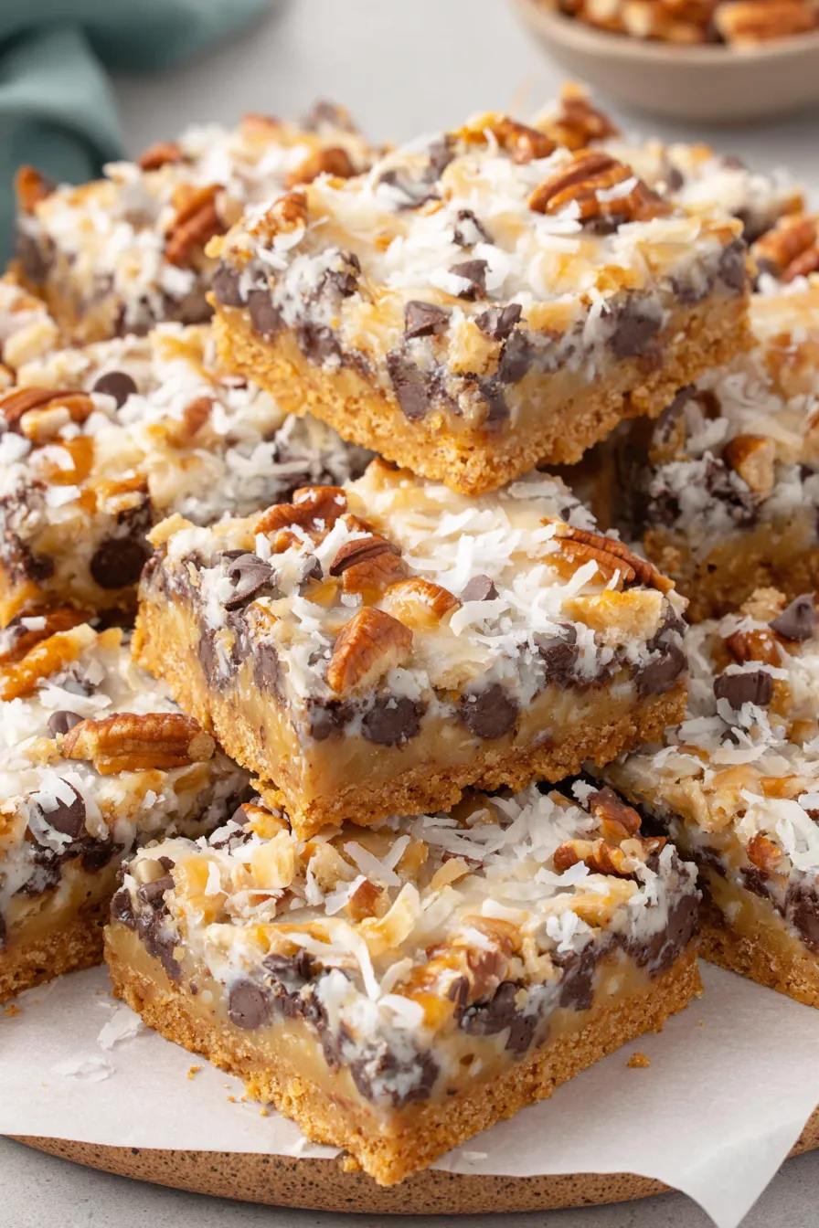 A plate of desserts with chocolate and coconut.