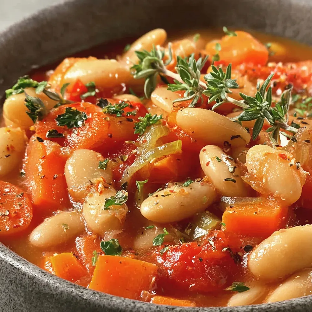 A bowl of soup with beans, carrots, and herbs.