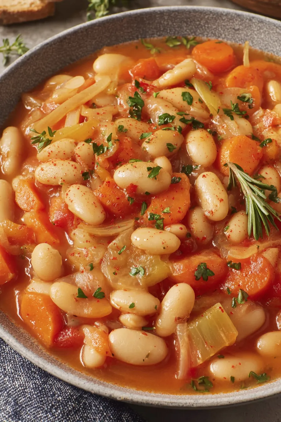 A bowl of soup with beans and carrots.