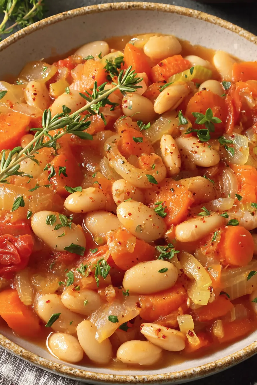A bowl of soup with beans, carrots, and herbs.