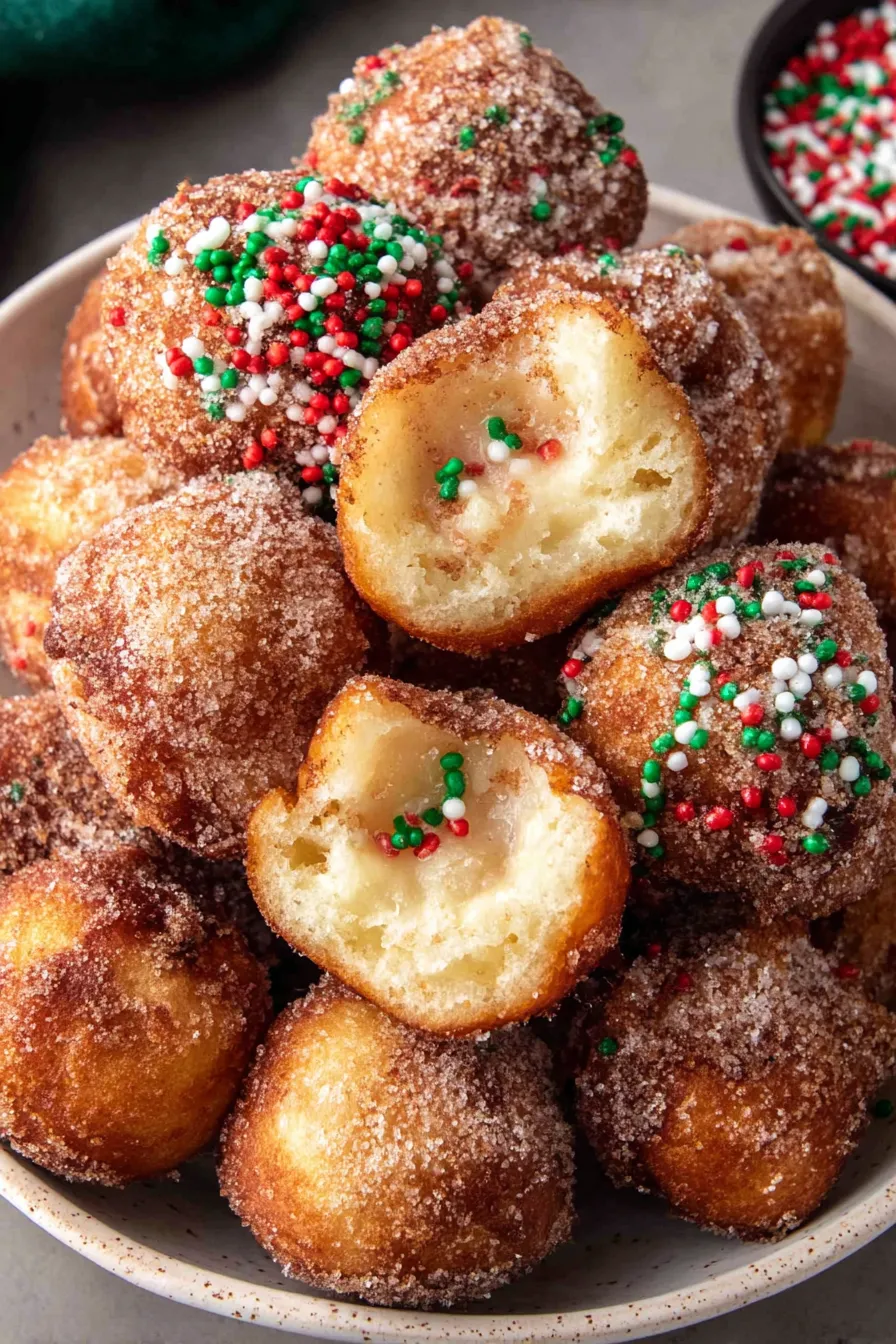 A bowl of sugar coated donuts.