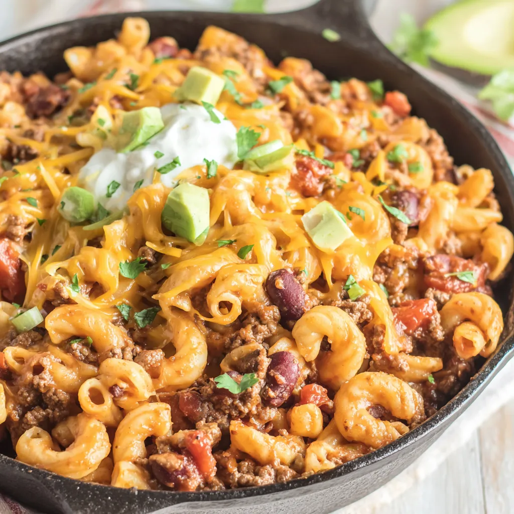 A bowl of chili with cheese and avocado.