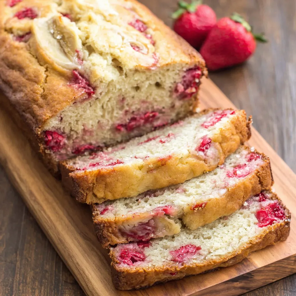 A loaf of bread with strawberries on top.