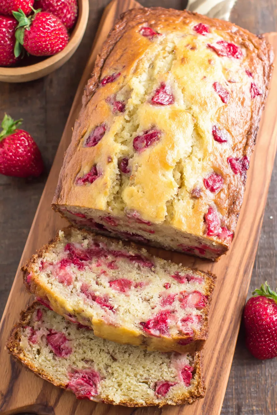 A loaf of bread with strawberries on top.