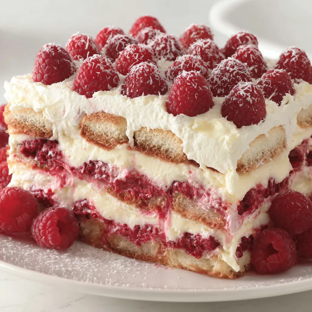 A slice of cake with white frosting and raspberries on top.